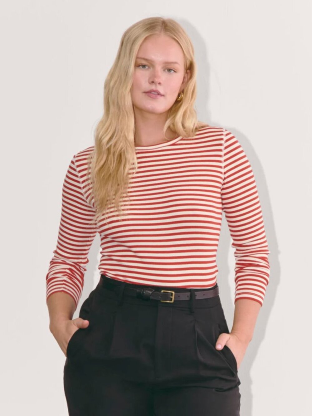 Everlane The Luxe Rib Long-Sleeve Crew, XS, Bone, Berry Red